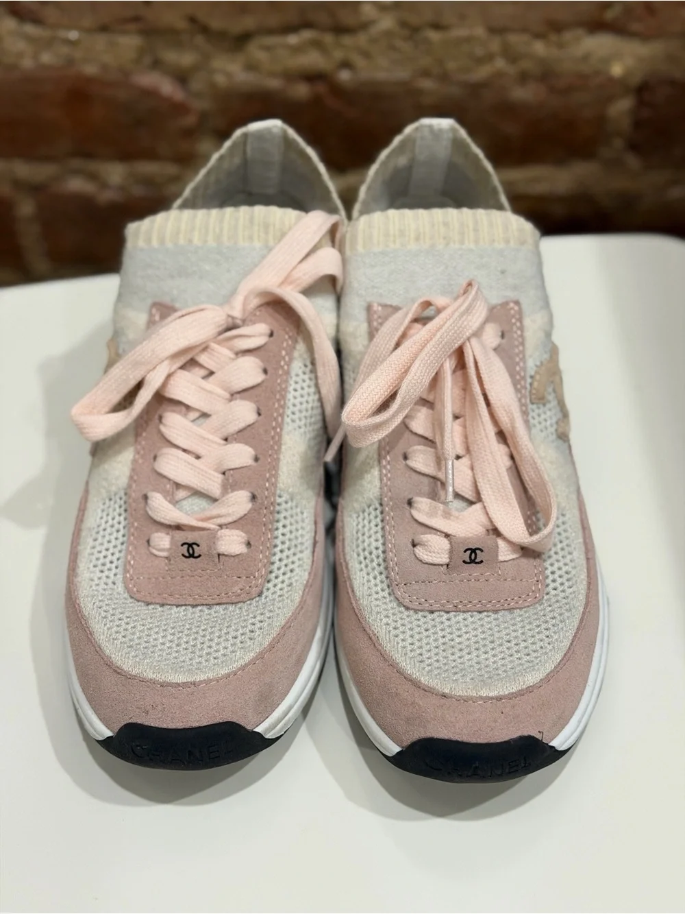 Chanel CC Size 39 Two Tone Knit Fabric and Suede Lace Up Sneakers